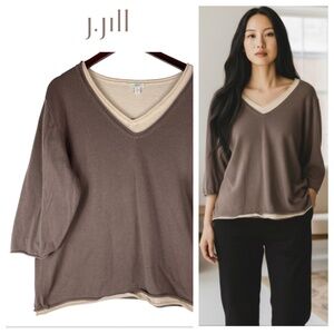 J JILL 2X 18 20 XXL Sweater Pullover V-Neck Brown Tan Casual Stretch